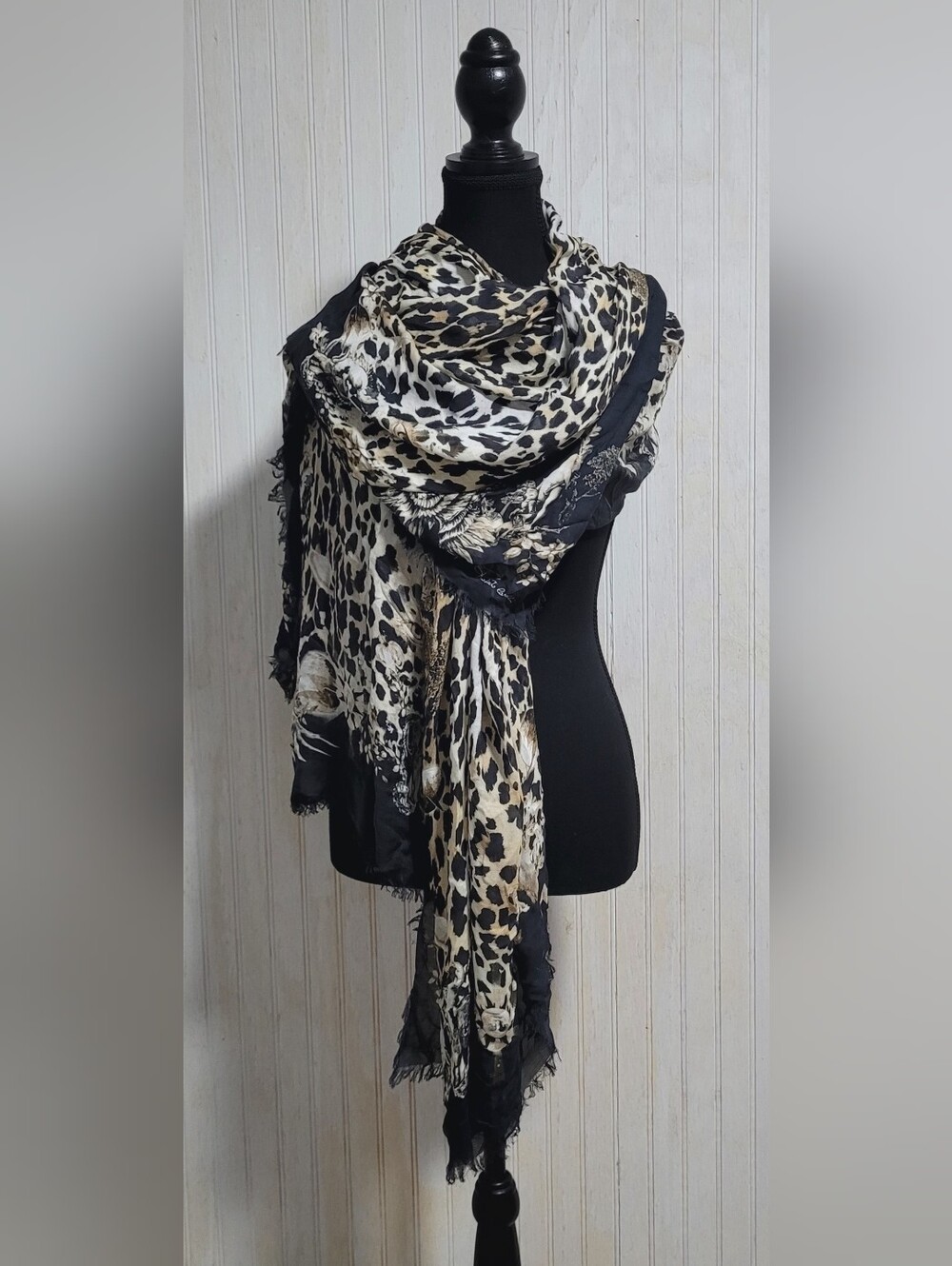 Roberto Cavalli Celestial Black Brown Cream Leopard All Seeing Eye Scarf OS